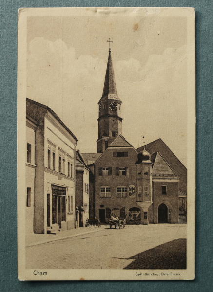AK Cham / 1920-1940 / Spitalkirche / Cafe Frank / Strassenansicht